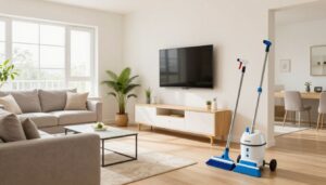 A clean, bright residential living room, professional cleaning equipment neatly set aside, symbolizing a high-quality deep house cleaning service.