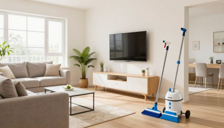 A clean, bright residential living room, professional cleaning equipment neatly set aside, symbolizing a high-quality deep house cleaning service.