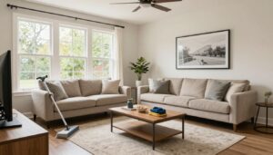 A bright and beautifully organized modern living room in an Arlington Heights home, representing professional recurring house cleaning services.