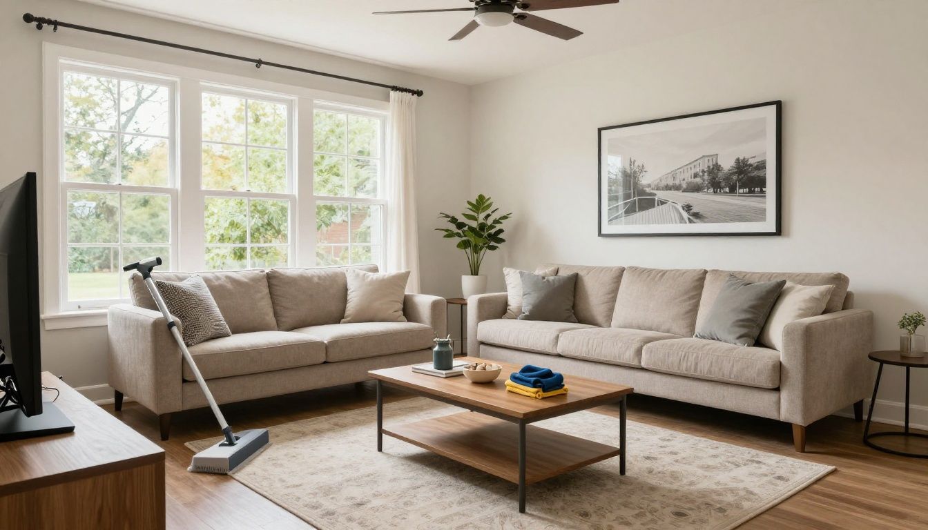 A bright and beautifully organized modern living room in an Arlington Heights home, representing professional recurring house cleaning services.