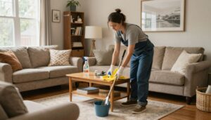 Professional home cleaner from Halina's Enterprise tidying a beautiful living room in a suburban home in Roselle, IL.