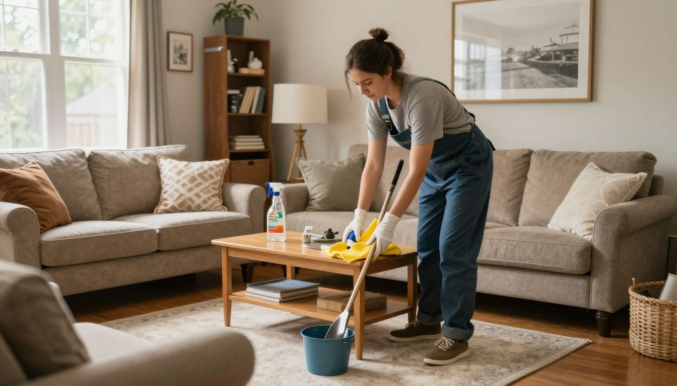 Professional home cleaner from Halina's Enterprise tidying a beautiful living room in a suburban home in Roselle, IL.