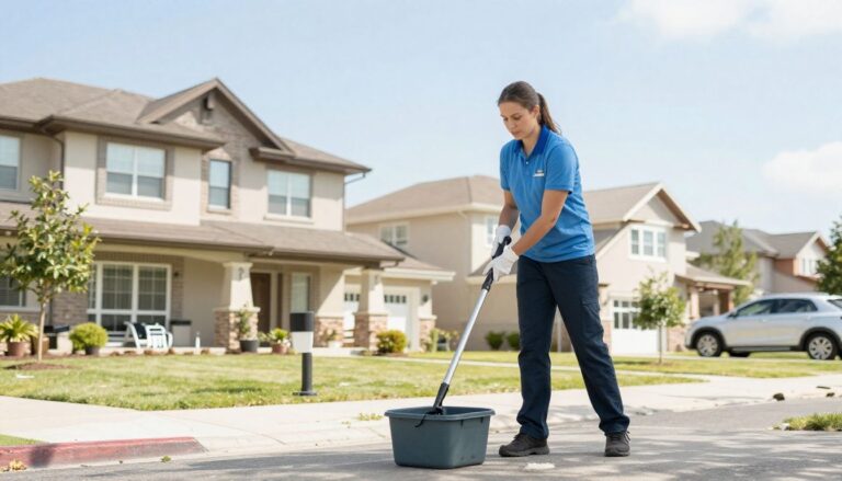 A professional cleaner from Halina's Enterprise performing a deep move-out clean in a bright, modern suburban home.