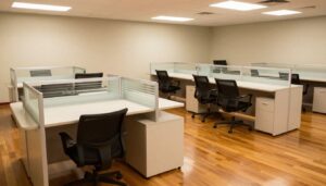 A sparkling clean office workspace in Des Plaines IL with pristine desks, glass partitions, and gleaming hardwood floors under warm lighting