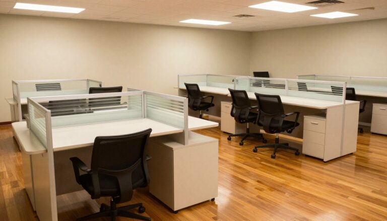 A sparkling clean office workspace in Des Plaines IL with pristine desks, glass partitions, and gleaming hardwood floors under warm lighting