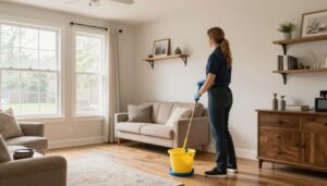 A professional house cleaner carefully detailing a living room in Roselle, IL, showcasing the meticulous standards of Halina's Enterprise.