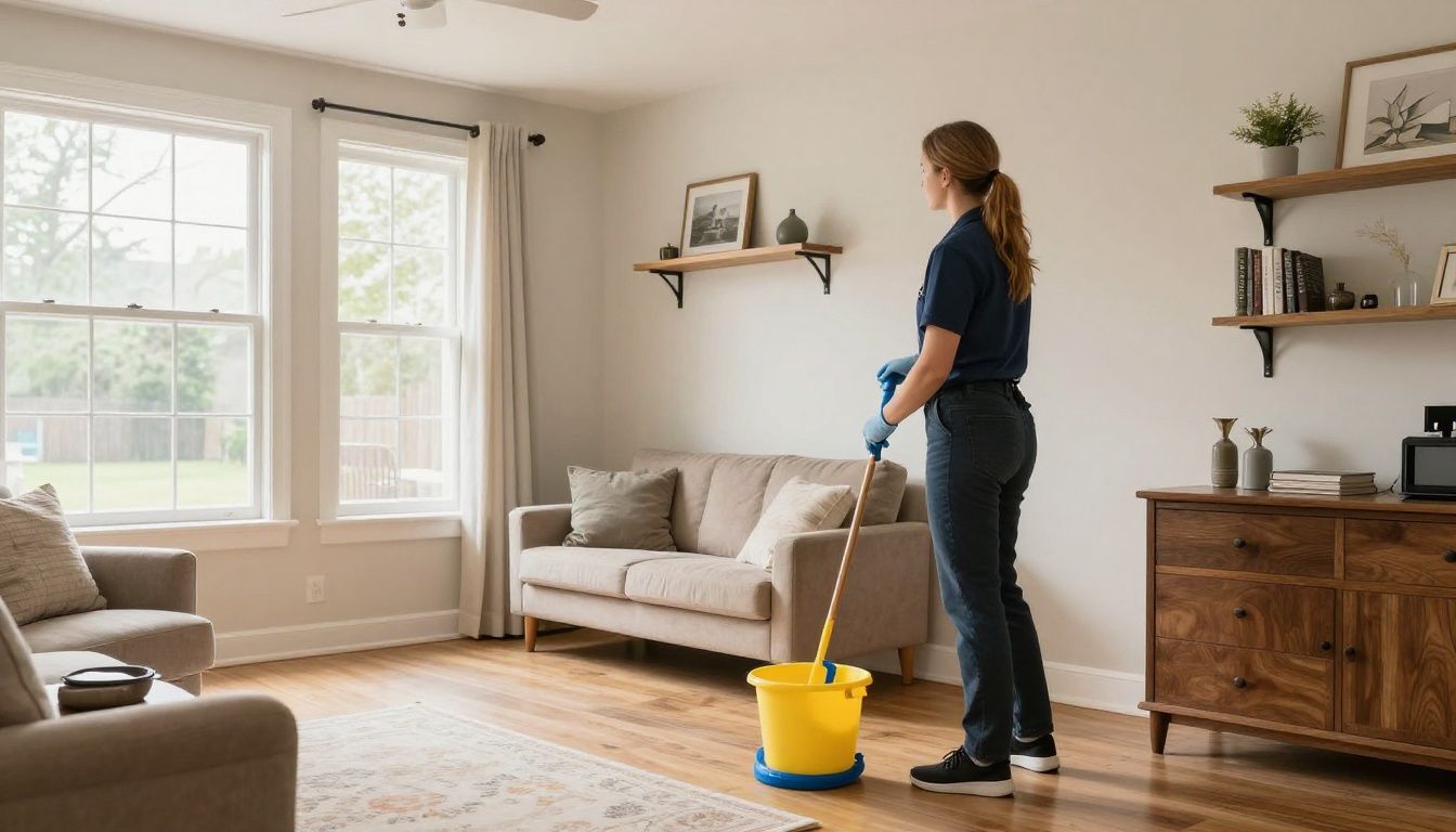 A professional house cleaner carefully detailing a living room in Roselle, IL, showcasing the meticulous standards of Halina's Enterprise.