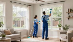 A professional cleaning team working efficiently in a beautiful, bright suburban Chicago home.