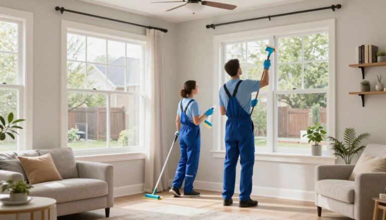A professional cleaning team working efficiently in a beautiful, bright suburban Chicago home.