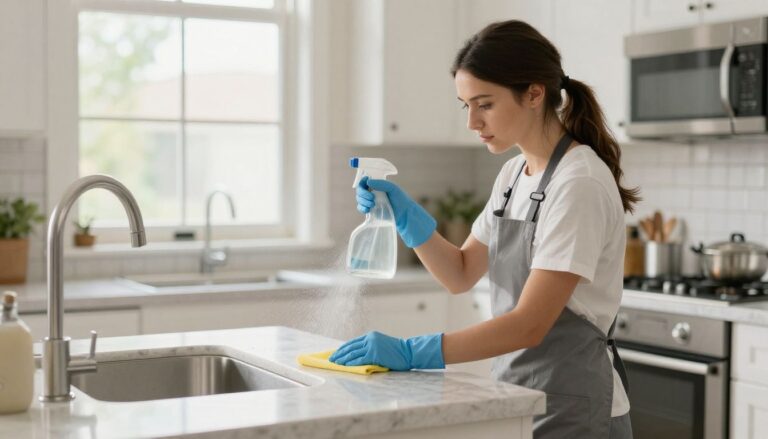Professional cleaner carefully sanitizing a bright Roselle, Illinois home kitchen during a detailed residential cleaning