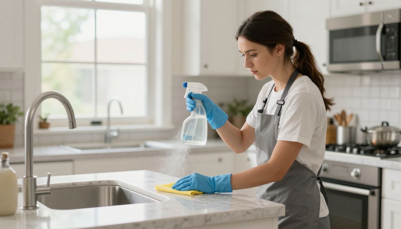 Professional cleaner carefully sanitizing a bright Roselle, Illinois home kitchen during a detailed residential cleaning