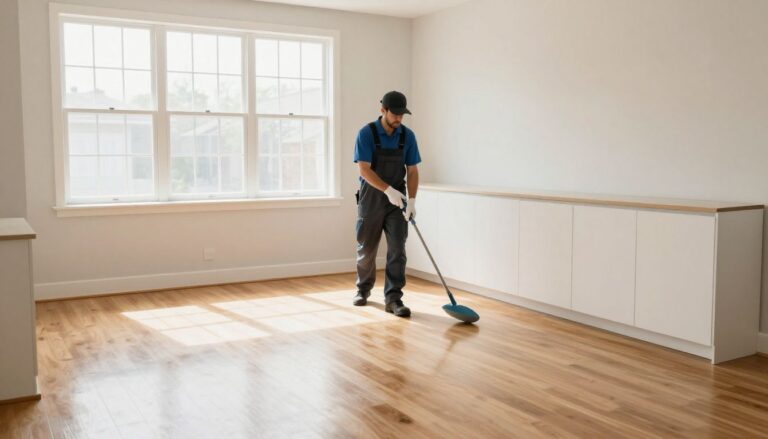 Professional cleaner sanitizing an empty Chicagoland home before a family moves in, with sparkling floors, clean cabinets, and bright natural light