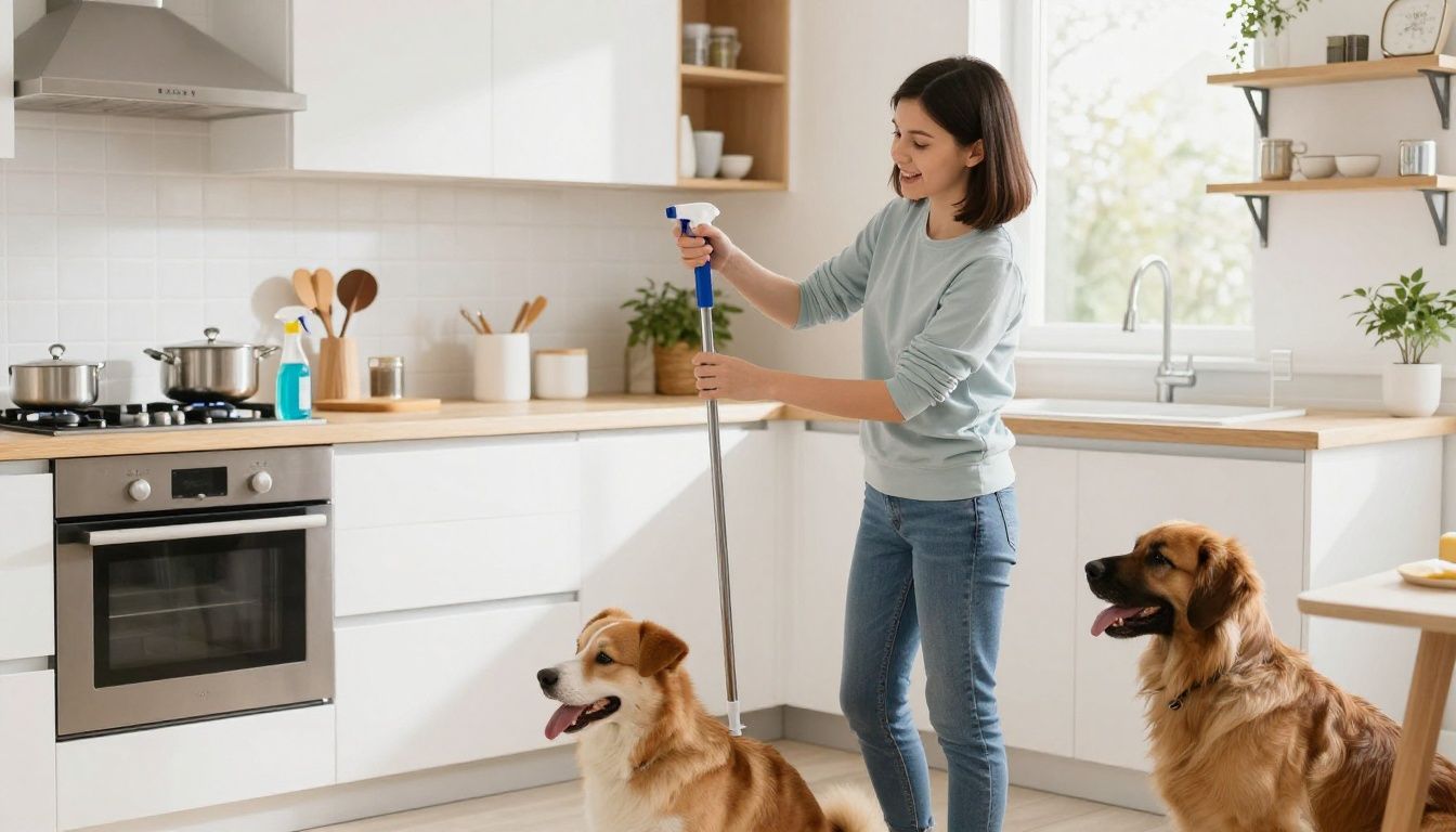 Professional cleaner using gentle, eco-friendly products to clean a bright family kitchen while a child and dog remain safely nearby
