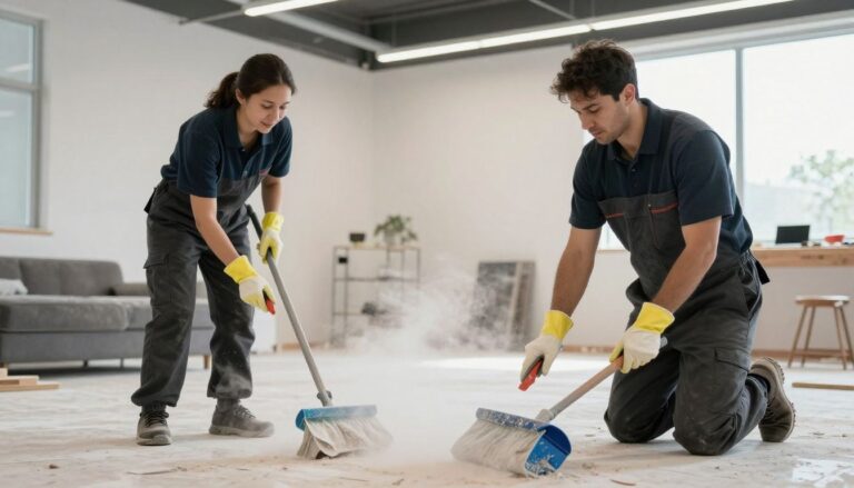 Professional cleaners removing construction dust from a newly renovated Schaumburg home
