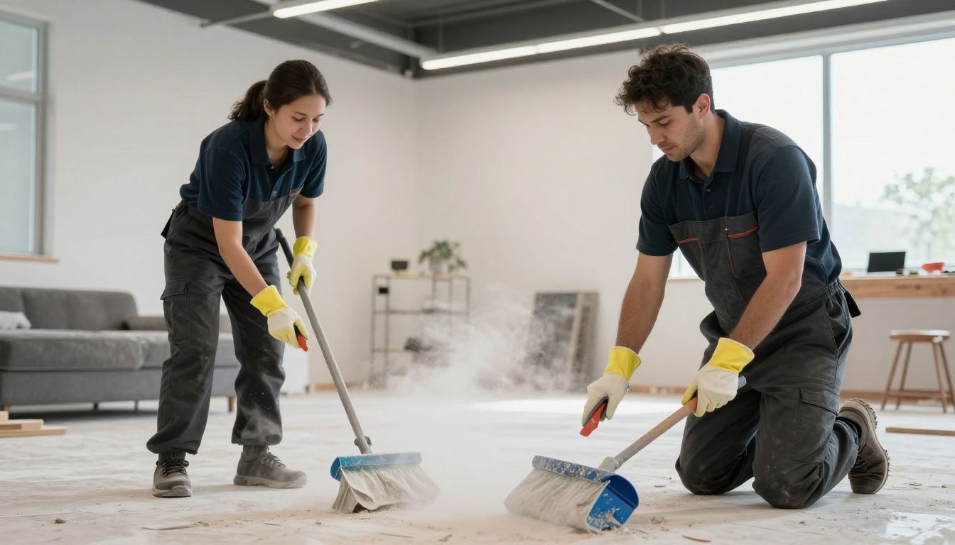 Professional cleaners removing construction dust from a newly renovated Schaumburg home